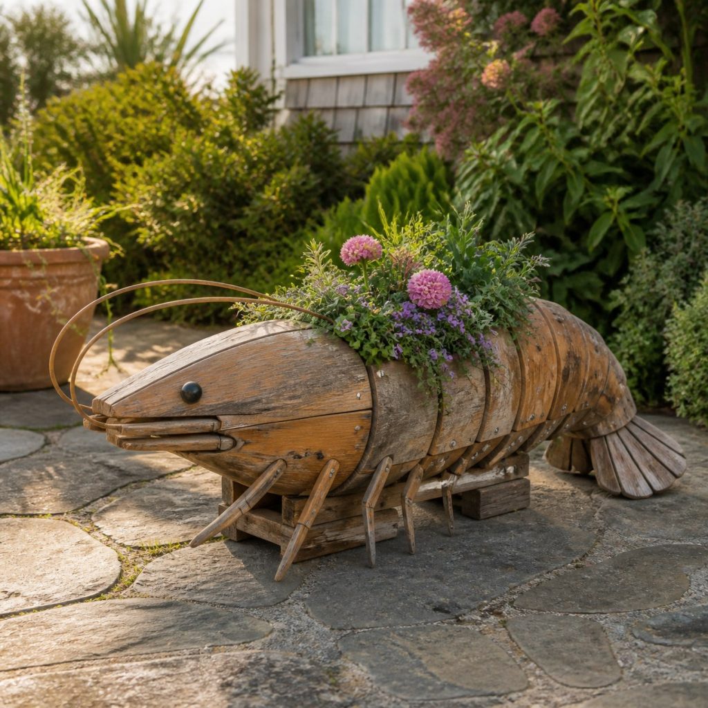 Weathered Cottage Shrimp shown as a square photorealistic cedar shrimp-shaped garden planter filled with flowers