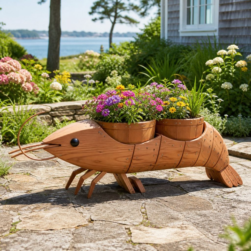 Shrimp with Twin Flower Pots shown as a square photorealistic cedar shrimp-shaped garden planter filled with flowers