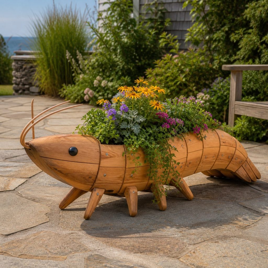 Trailing-Flower Shrimp shown as a square photorealistic cedar shrimp-shaped garden planter filled with flowers