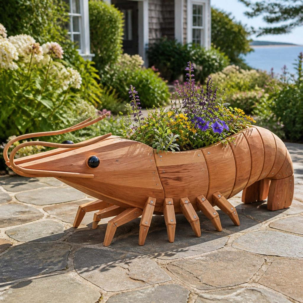 Large Grass-Filled Shrimp shown as a square photorealistic cedar shrimp-shaped garden planter filled with flowers
