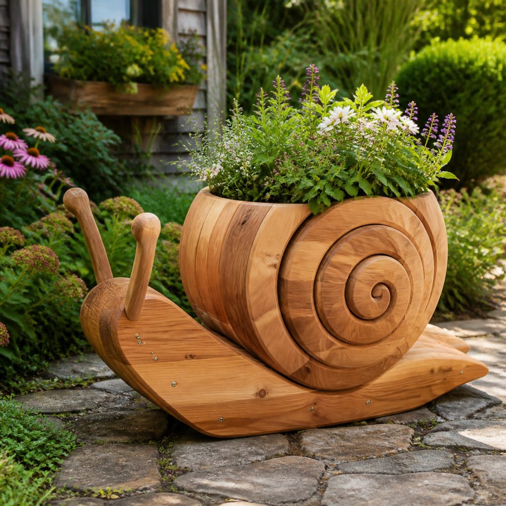 Classic Spiral-Shell Snail shown as a square photorealistic cedar garden planter filled with cottage flowers