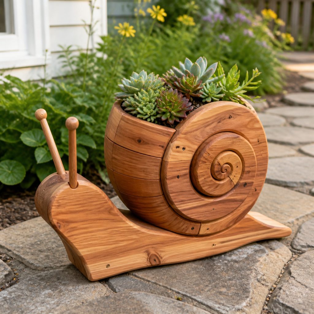 Compact Succulent Snail shown as a square photorealistic cedar garden planter filled with cottage flowers