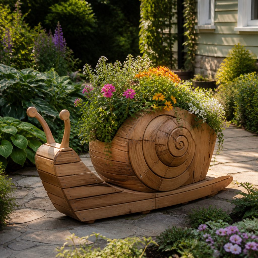 Long Slatted Garden Snail shown as a square photorealistic cedar garden planter filled with cottage flowers