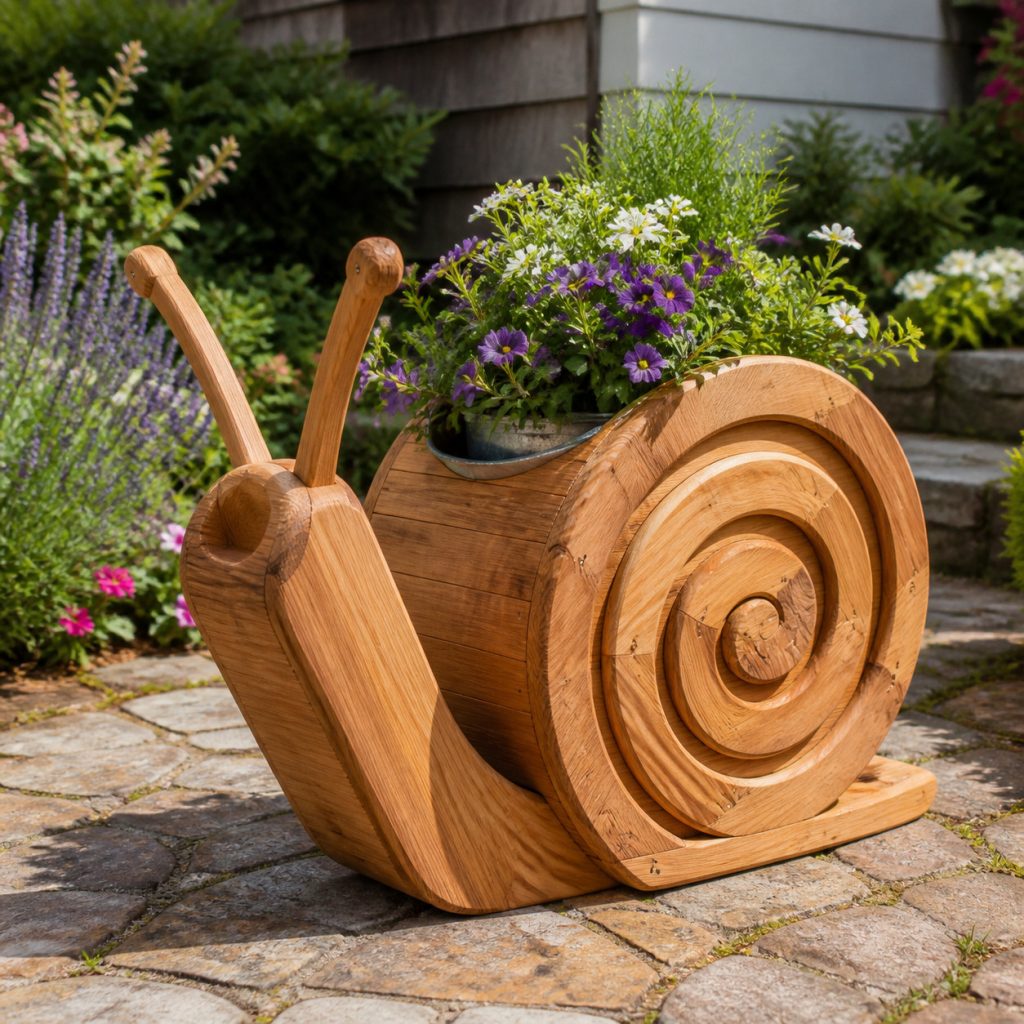 Snail with Galvanized Shell Insert shown as a square photorealistic cedar garden planter filled with cottage flowers