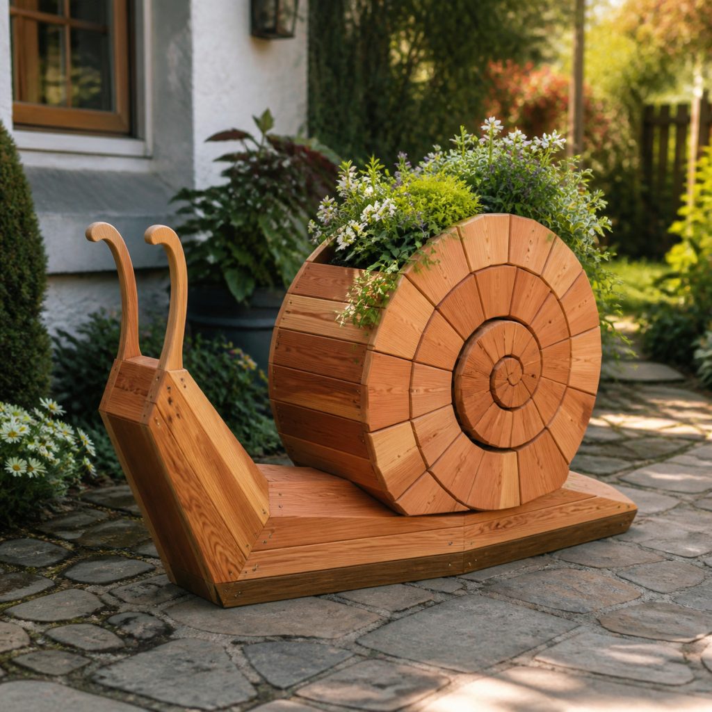 Modern Geometric Snail shown as a square photorealistic cedar garden planter filled with cottage flowers