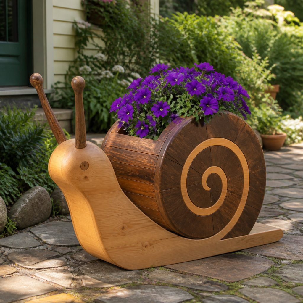 Two-Tone Spiral Snail shown as a square photorealistic cedar garden planter filled with cottage flowers