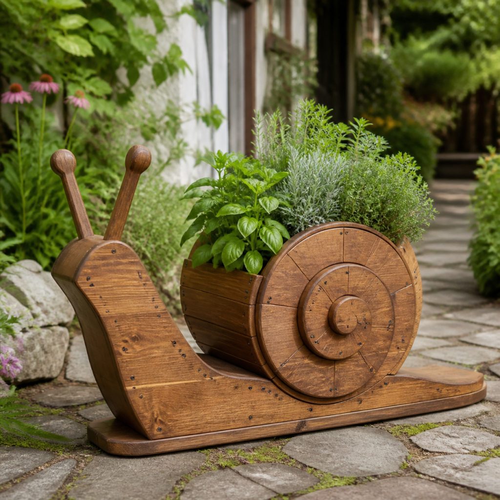 Rustic Herb-Trough Snail shown as a square photorealistic cedar garden planter filled with cottage flowers