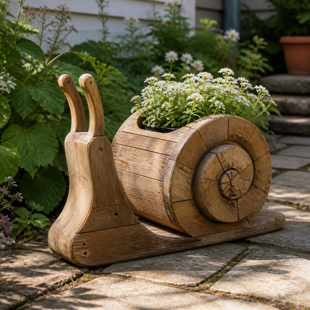Weathered Cottage Snail shown as a square photorealistic cedar garden planter filled with cottage flowers