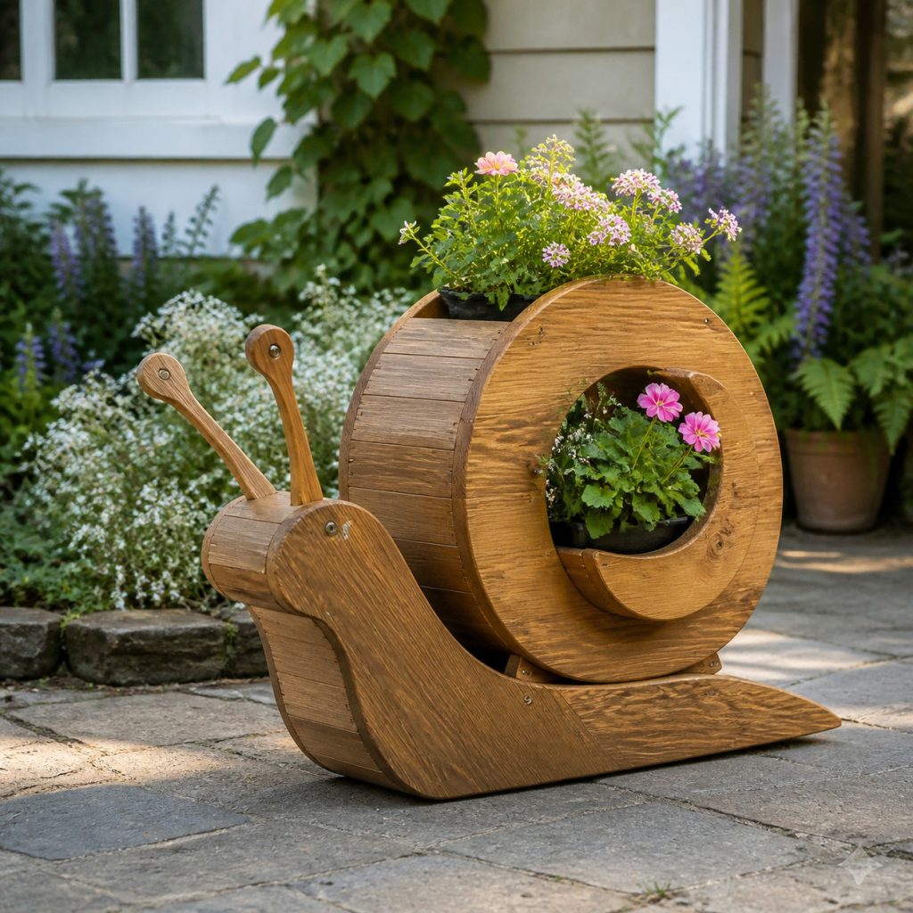 Twin-Pot Shell Snail shown as a square photorealistic cedar garden planter filled with cottage flowers