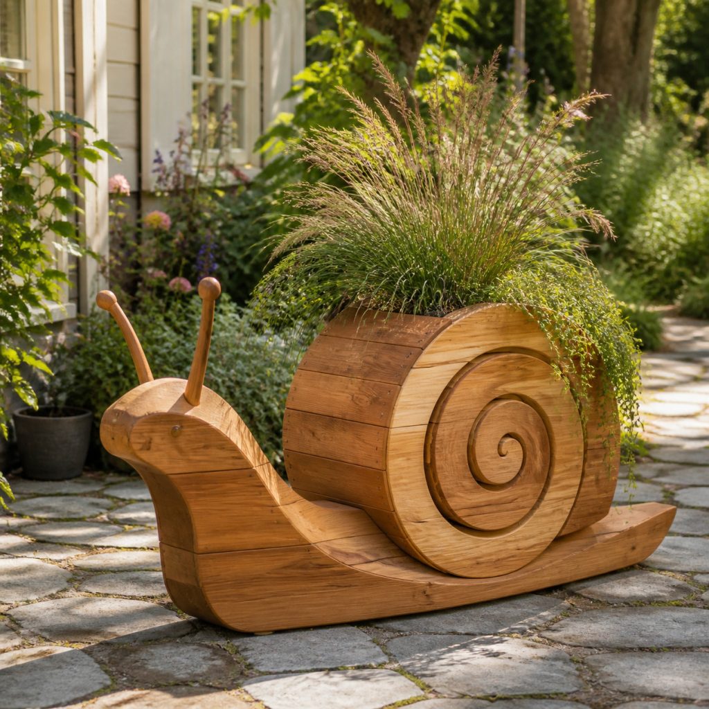 Large Grass-Filled Snail shown as a square photorealistic cedar garden planter filled with cottage flowers