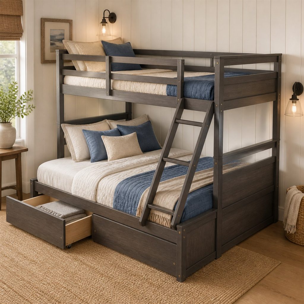 Dark wood twin-over-full bunk bed with pull-out drawer storage
