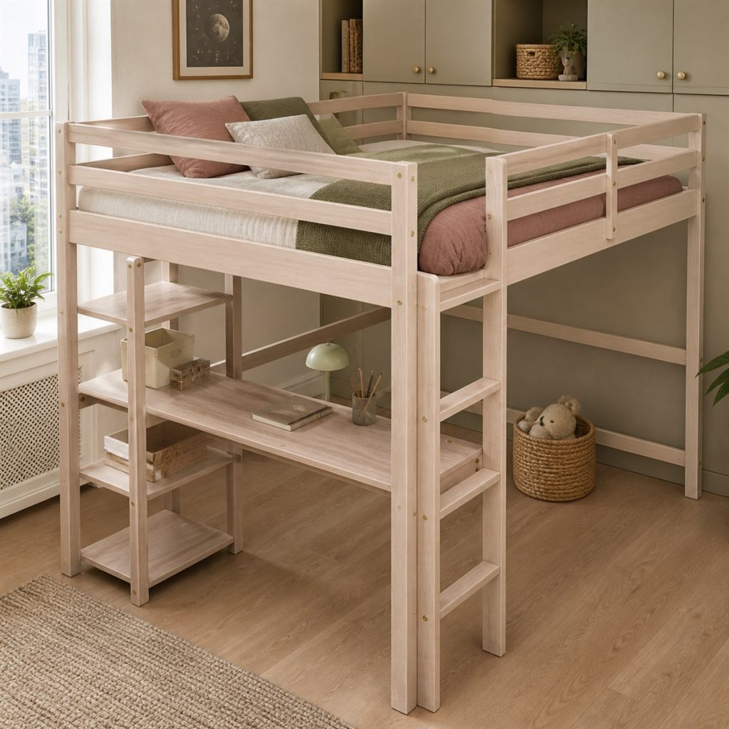 Light wood loft bed with open shelves and desk below