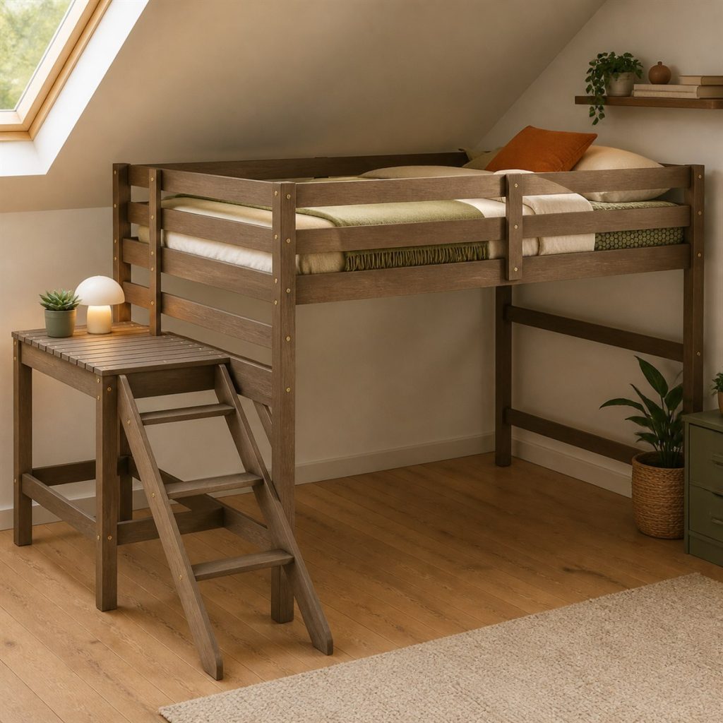Wood loft bed fitted into a sloped-ceiling corner with angled ladder