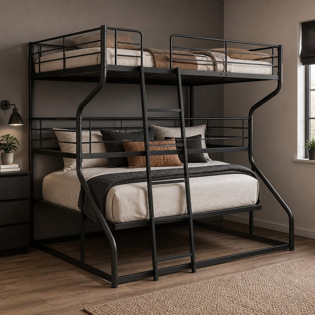 Black metal space-saving bunk bed with three sleeping positions