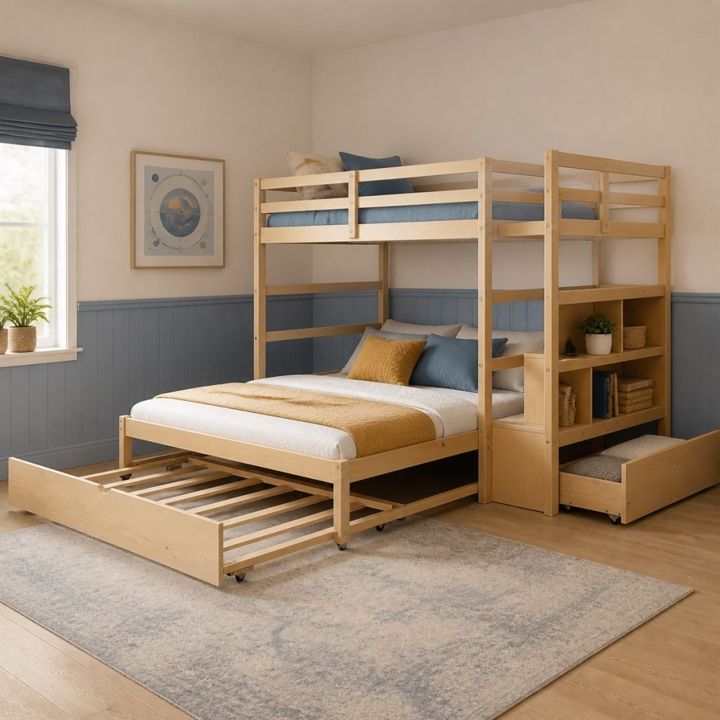 Light wood bunk bed with pull-out trundle and narrow storage shelf