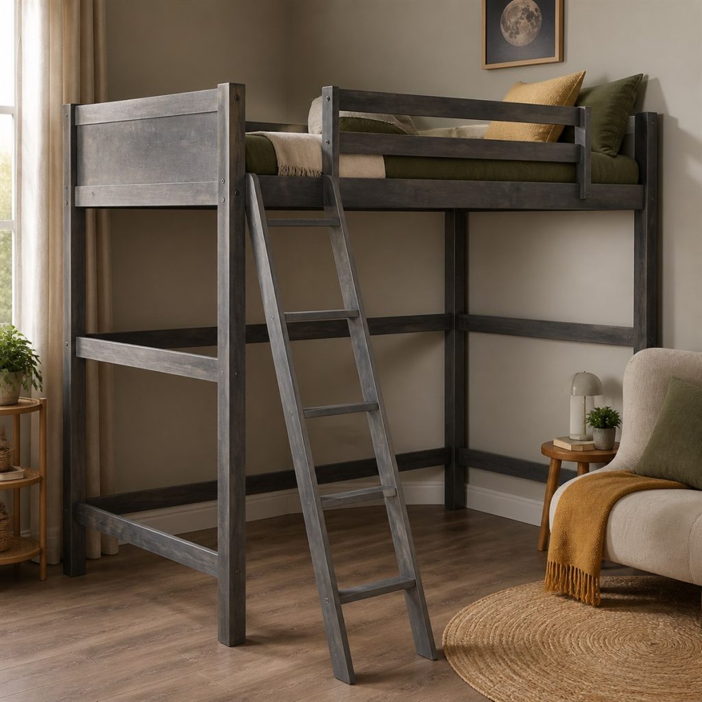 Compact dark wood loft bed with leaning ladder in a reading room