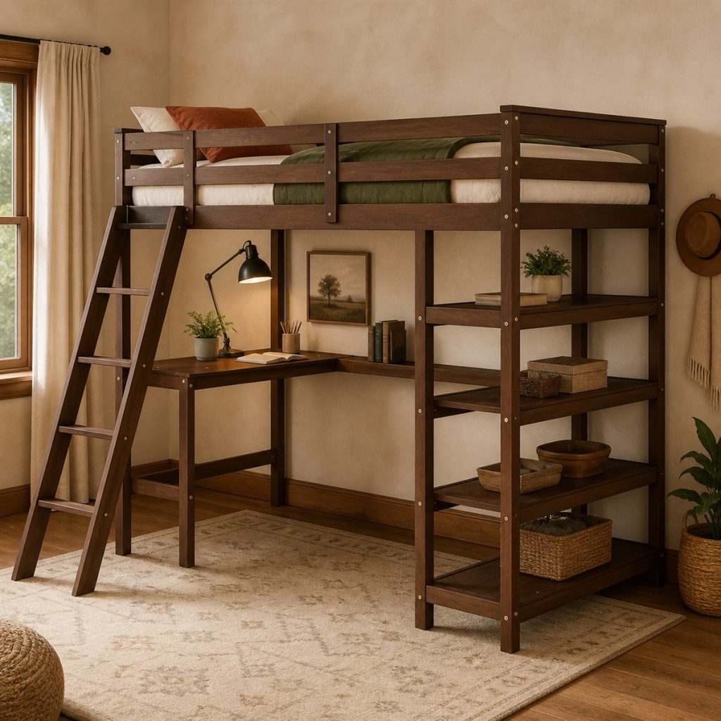 Espresso loft bed with desk and tall open shelving