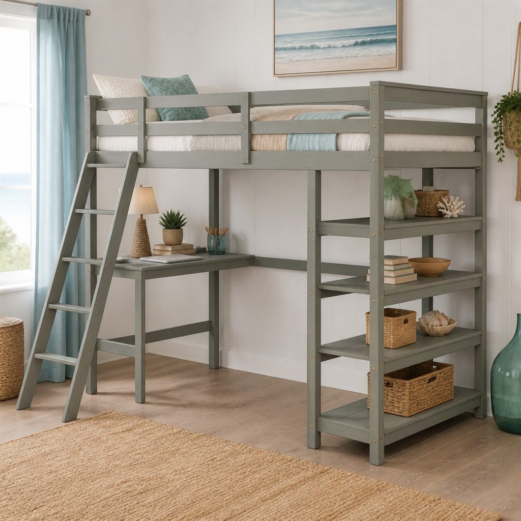 Gray loft bed with work desk and end shelf tower