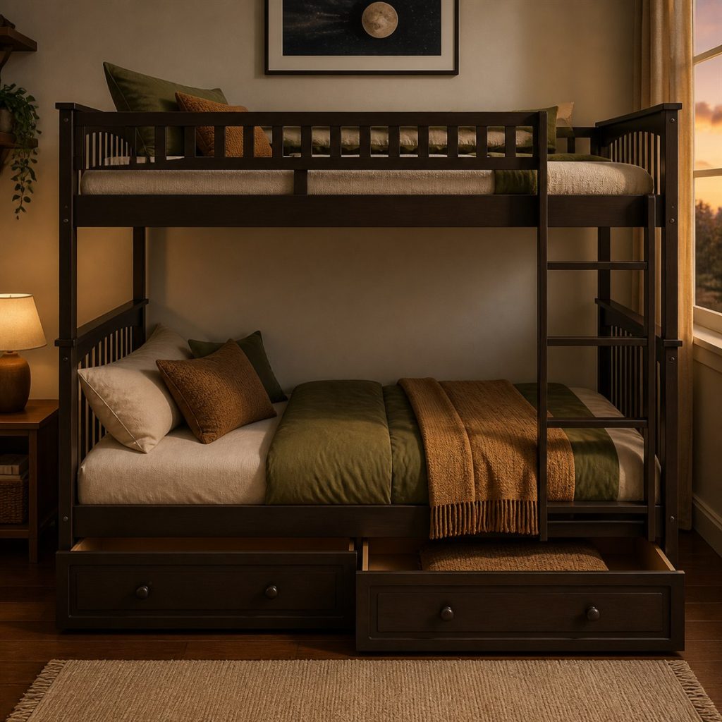 Dark wood bunk bed with two large storage drawers