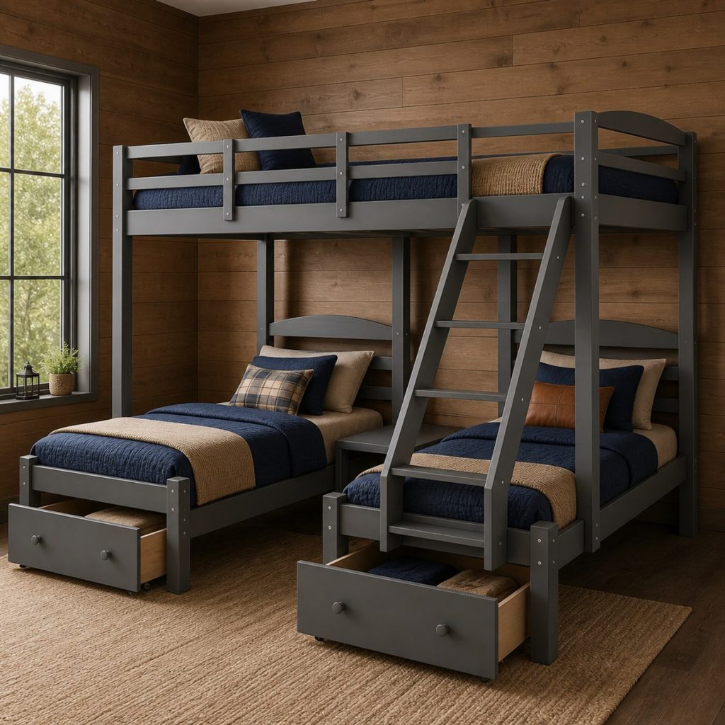 White Loft with Desk and Wardrobe shown as a square photorealistic space-saving bunk bed desk and storage visualization