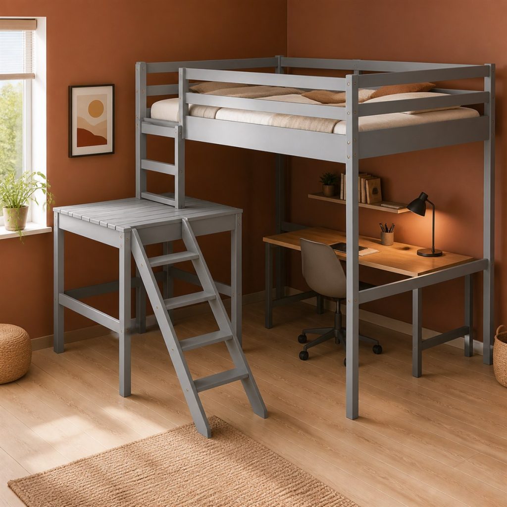 Natural Bunk with Four Storage Drawers shown as a square photorealistic space-saving bunk bed desk and storage visualization