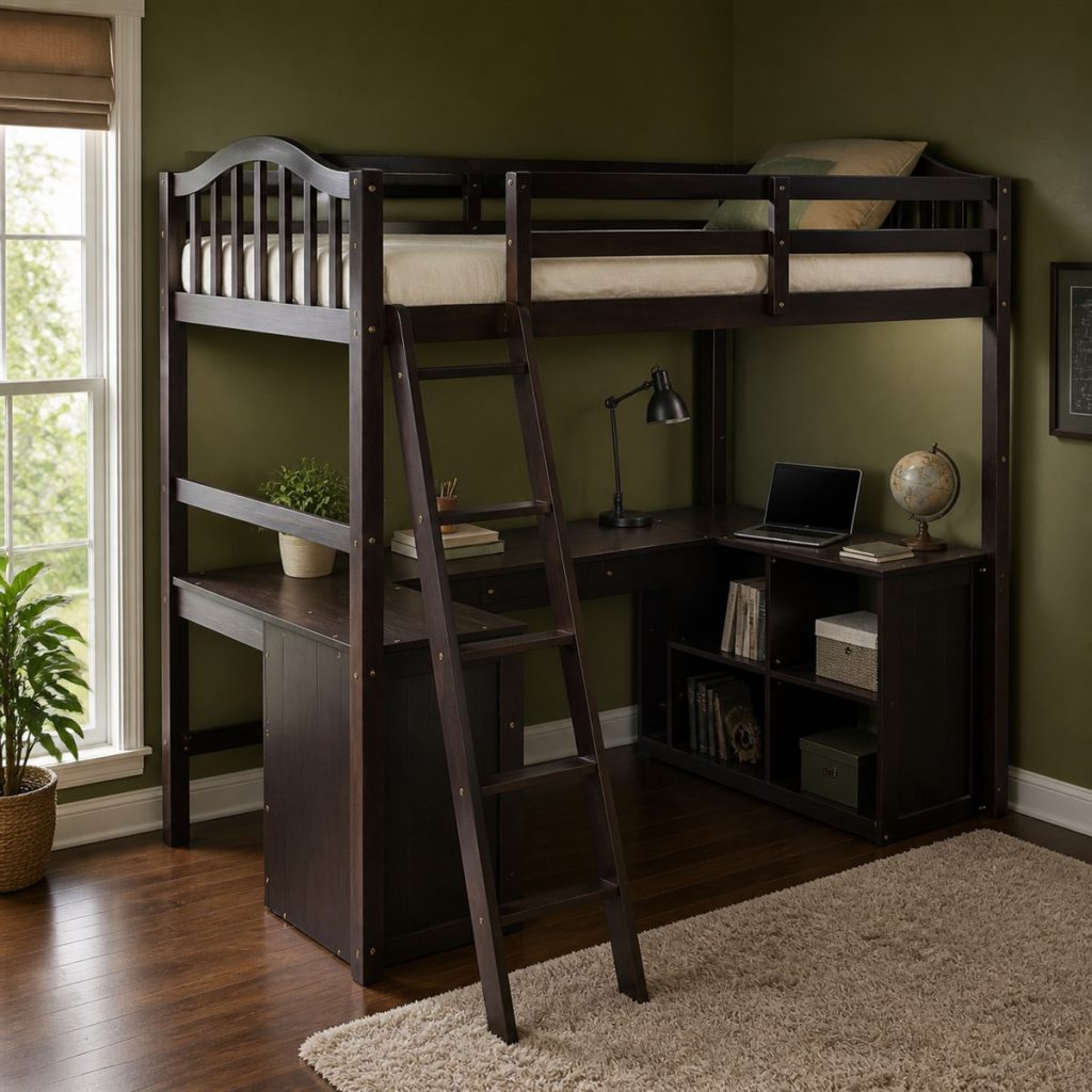 Gray Loft with Shelf-Tower Desk shown as a square photorealistic space-saving bunk bed desk and storage visualization