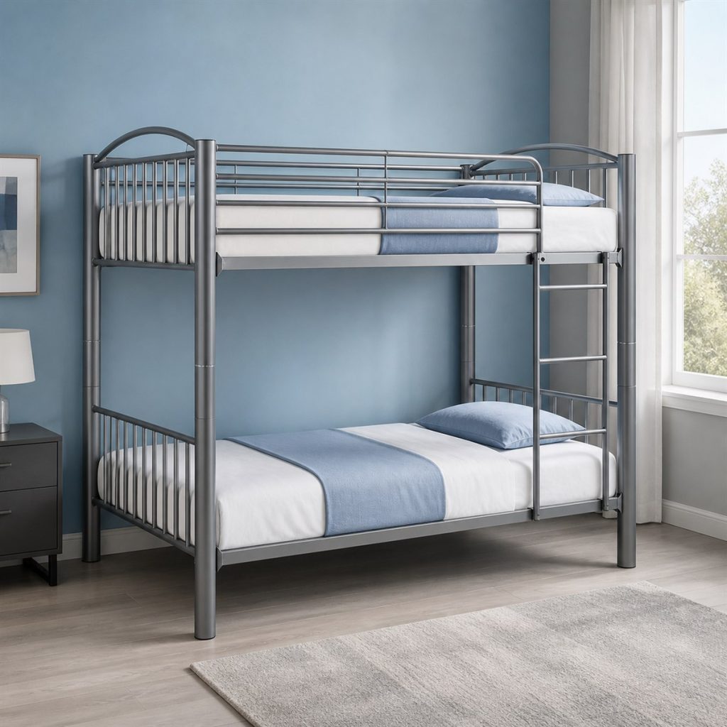 Black Metal Loft with Compact Worktop shown as a square photorealistic space-saving bunk bed desk and storage visualization