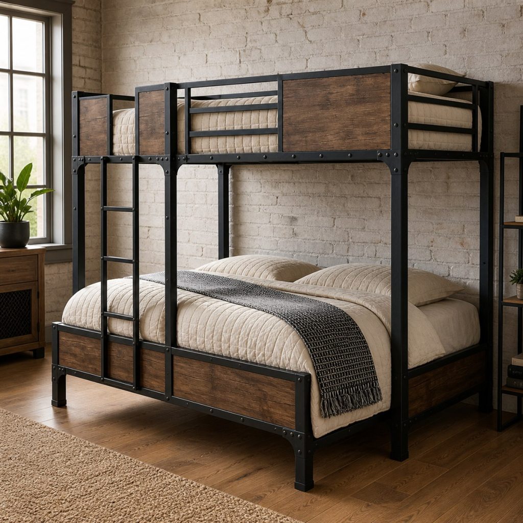 Oak Bunk with Bookcase Stair Storage shown as a square photorealistic space-saving bunk bed desk and storage visualization