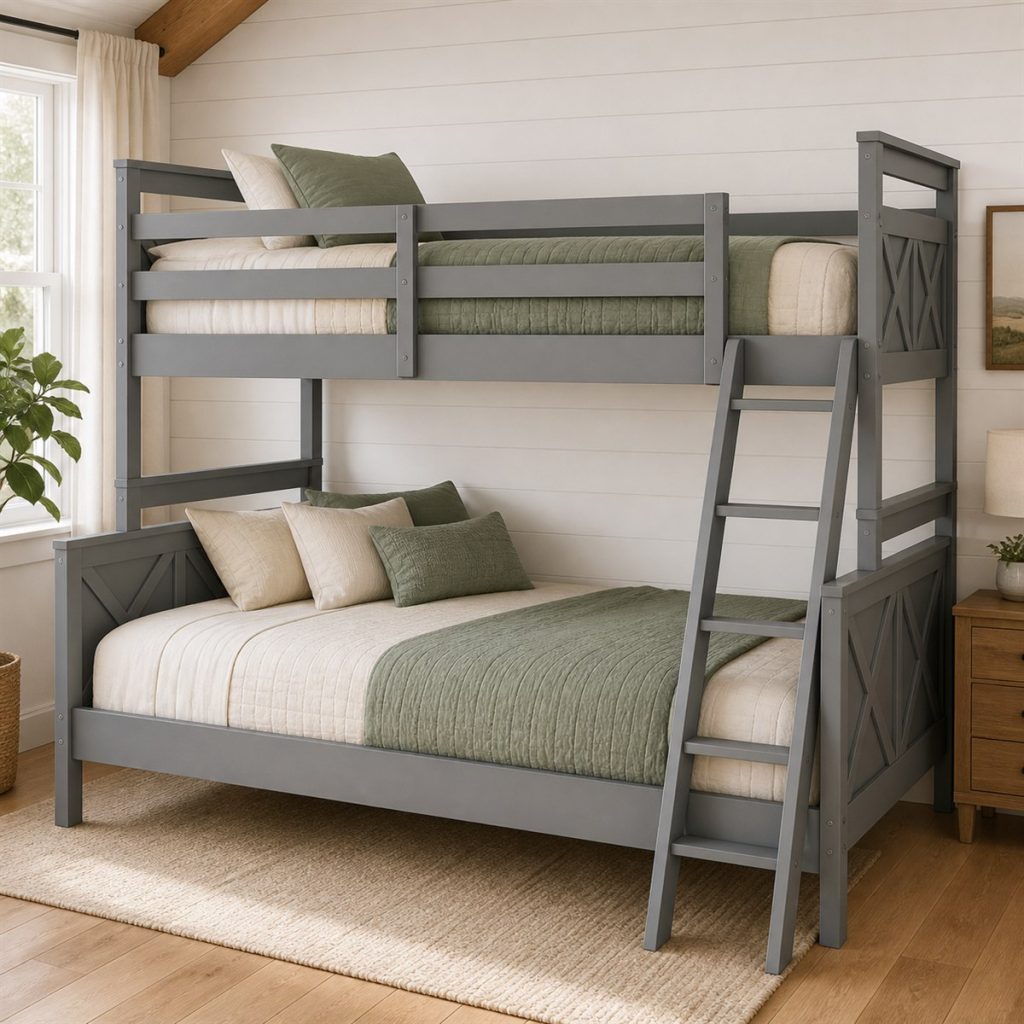 Walnut Loft with Cabinet Workspace shown as a square photorealistic space-saving bunk bed desk and storage visualization