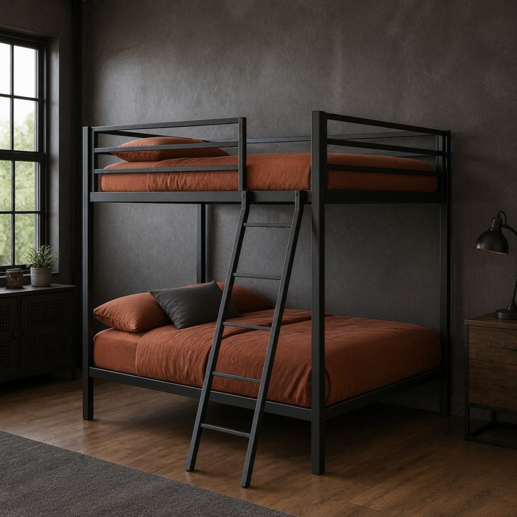 Two-Tone Bunk with Guest Trundle shown as a square photorealistic space-saving bunk bed desk and storage visualization