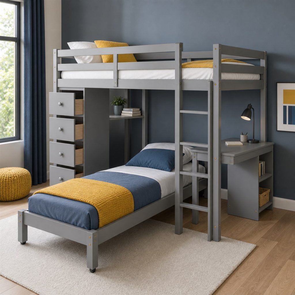 Charcoal Bunk with End Wardrobe shown as a square photorealistic space-saving bunk bed desk and storage visualization