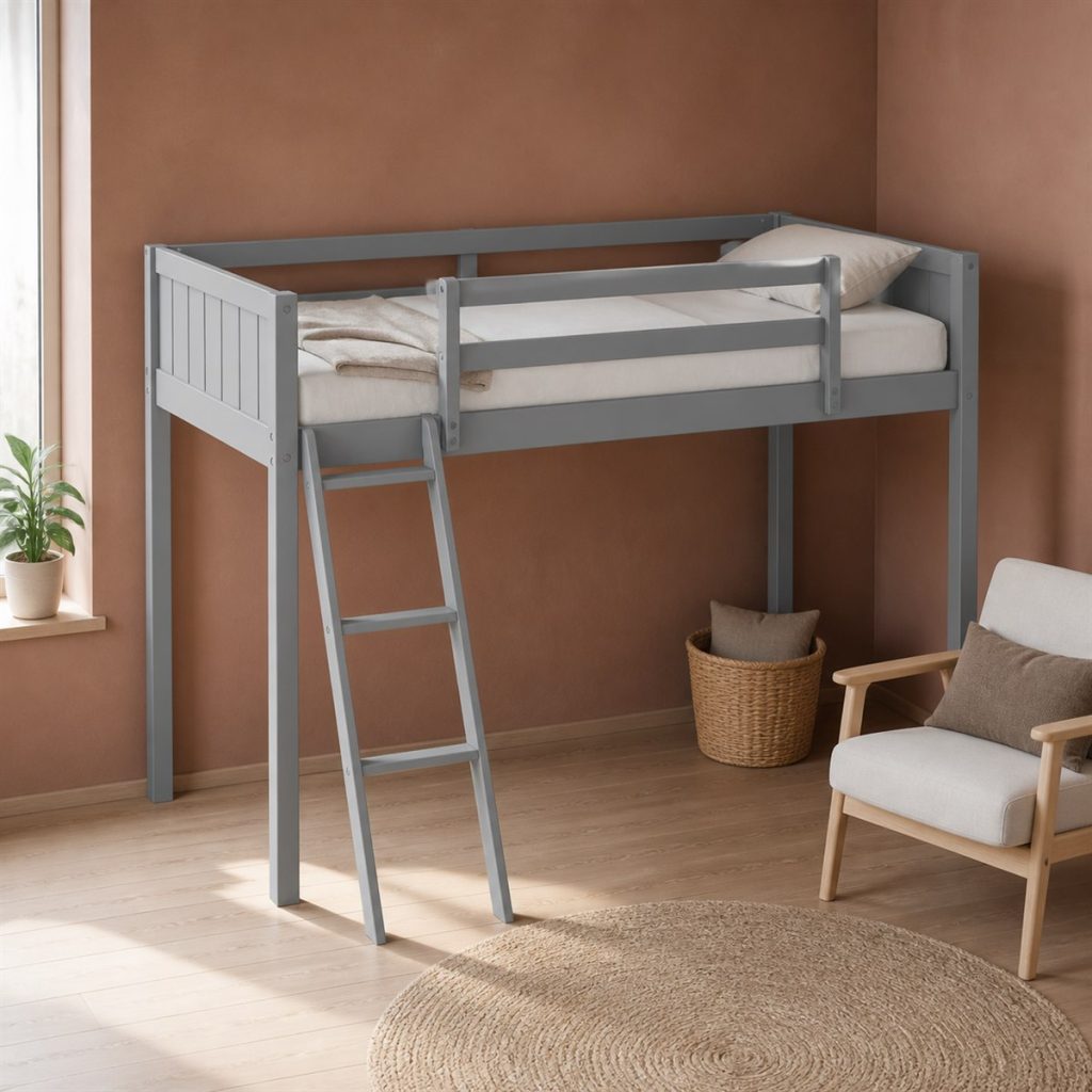 Minimal Loft with Shelves and Study Zone shown as a square photorealistic space-saving bunk bed desk and storage visualization