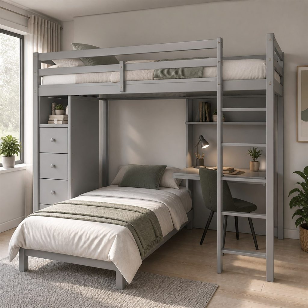 Gray Loft with Bed and Compact Desk shown in a square photorealistic space-saving bunk bed small room visualization