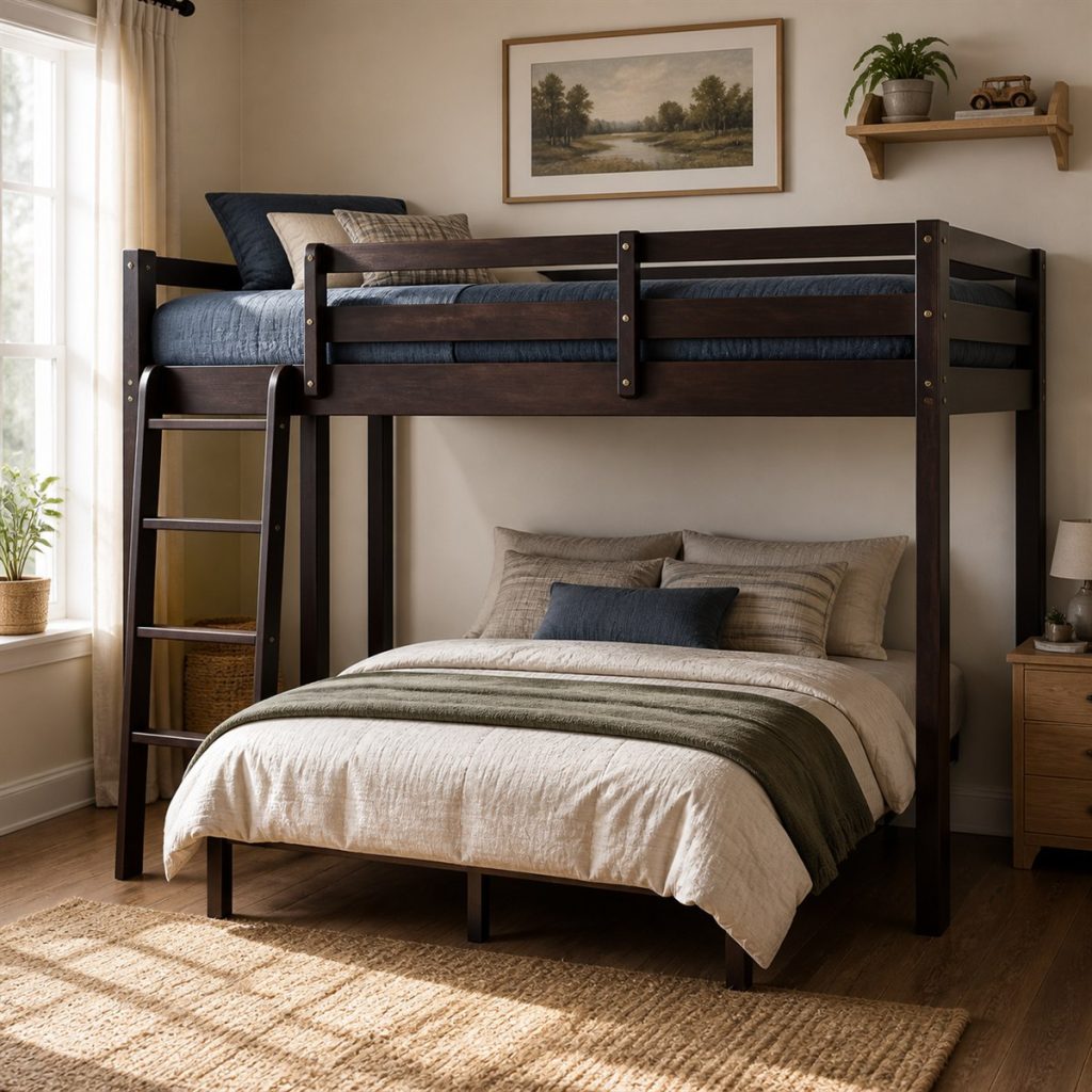 Espresso Twin-over-Full for a Narrow Room shown in a square photorealistic space-saving bunk bed small room visualization