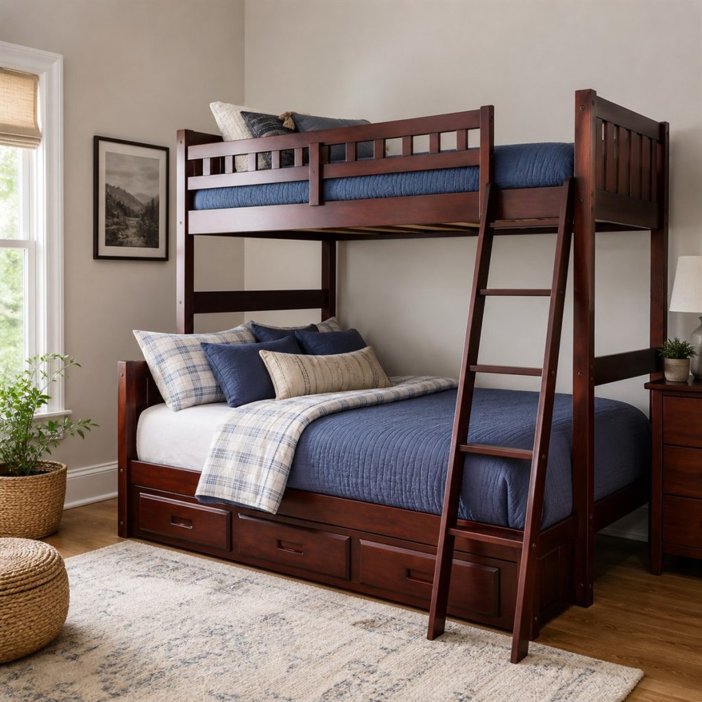Cherry Storage Bunk with Drawer Base shown in a square photorealistic space-saving bunk bed small room visualization