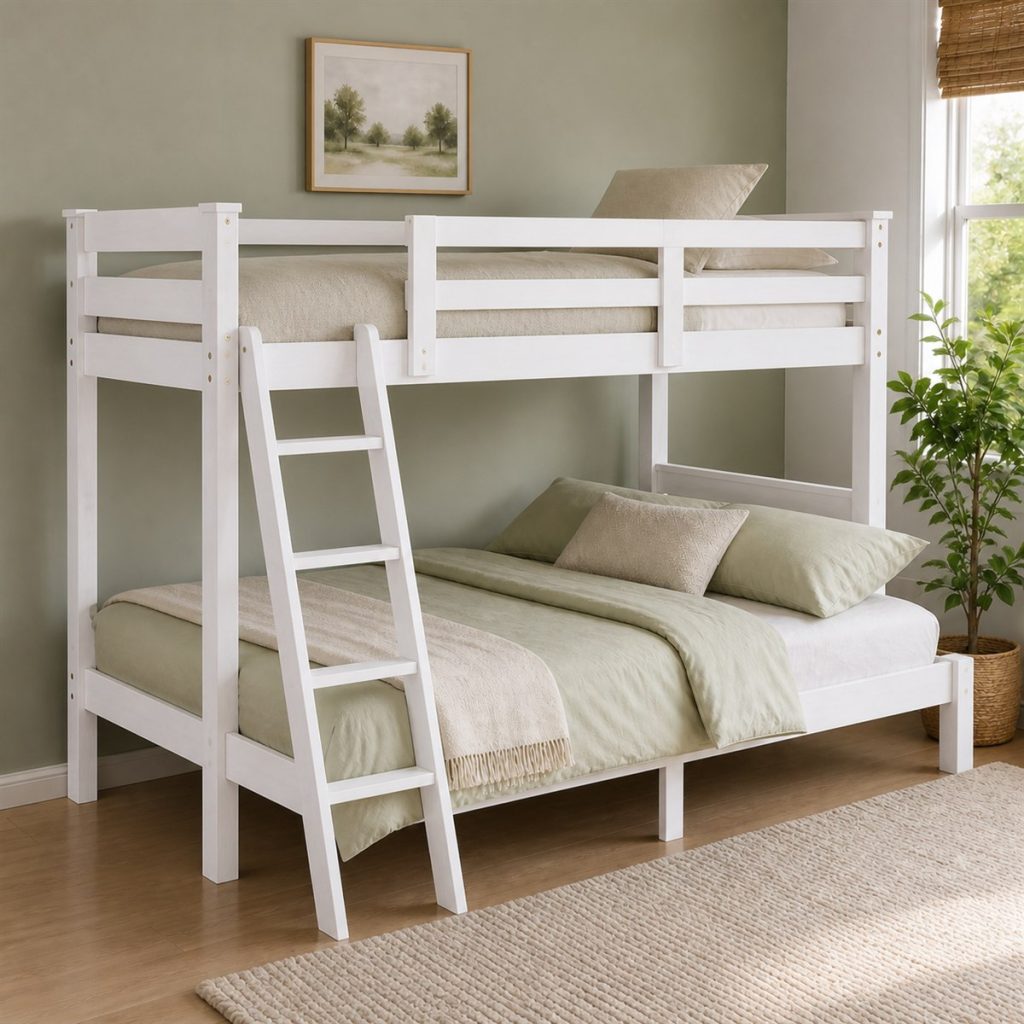 White Twin-over-Full with Angled Ladder shown in a square photorealistic space-saving bunk bed small room visualization