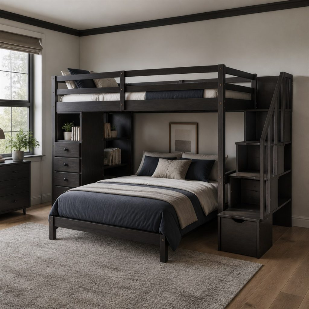 Black Storage-Stair Loft Bed shown in a square photorealistic space-saving bunk bed small room visualization