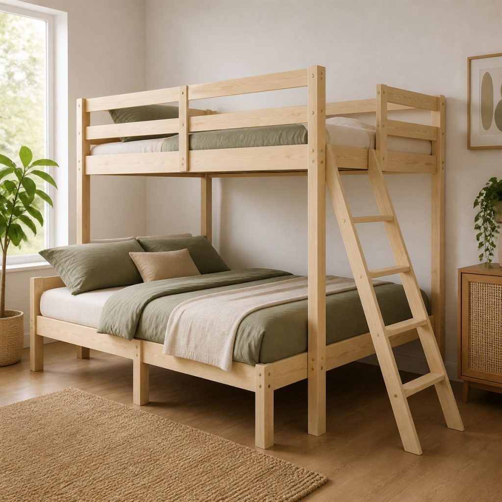 Natural Wood Compact Twin Bunk shown in a square photorealistic space-saving bunk bed small room visualization
