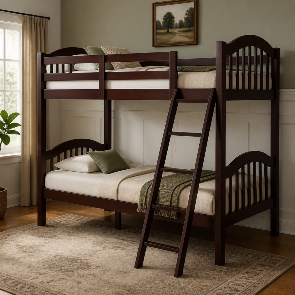 Mahogany Bunk with Curved End Panels shown in a square photorealistic space-saving bunk bed small room visualization
