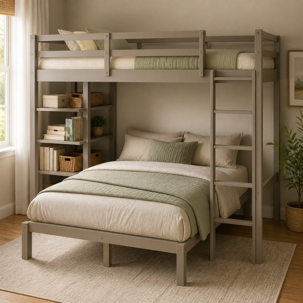 Greige Loft with Shelf Tower shown in a square photorealistic space-saving bunk bed small room visualization