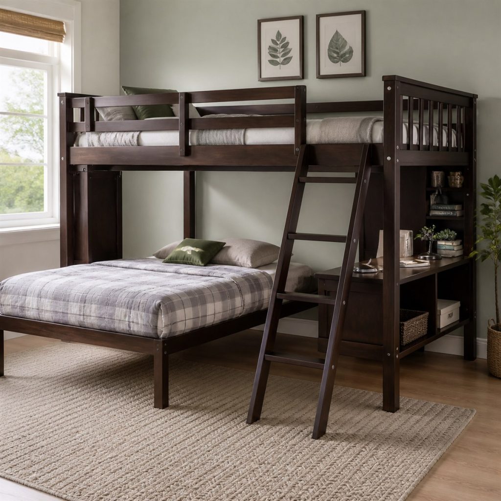 Dark Espresso Bunk with Work Zone shown in a square photorealistic space-saving bunk bed small room visualization