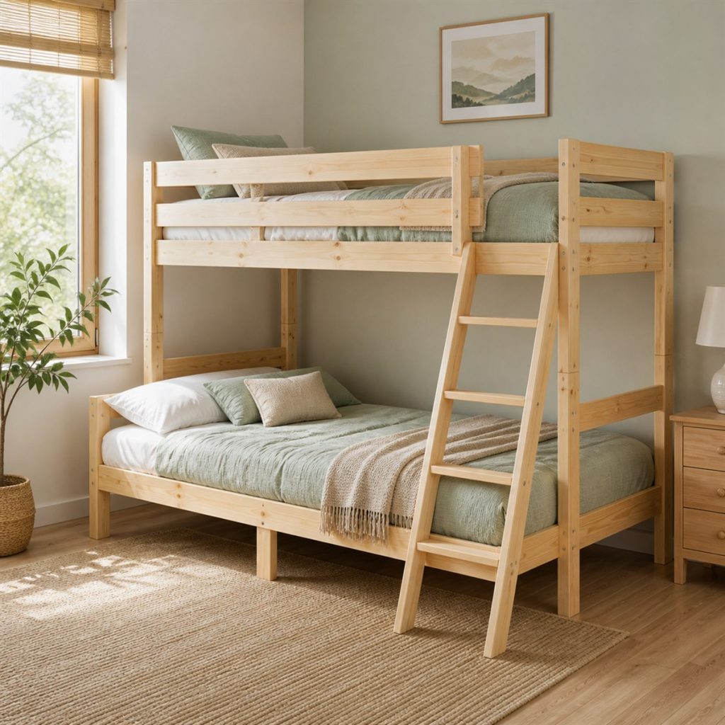 Pine Twin-over-Full with Clear Ladder Landing shown in a square photorealistic space-saving bunk bed small room visualization