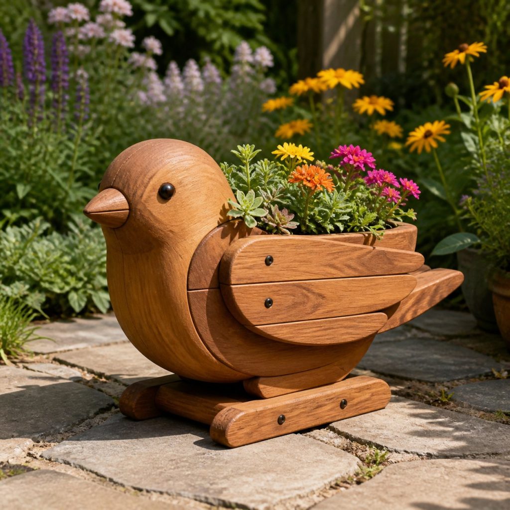 Compact Succulent Sparrow shown as a square photorealistic cedar sparrow-shaped garden planter filled with flowers