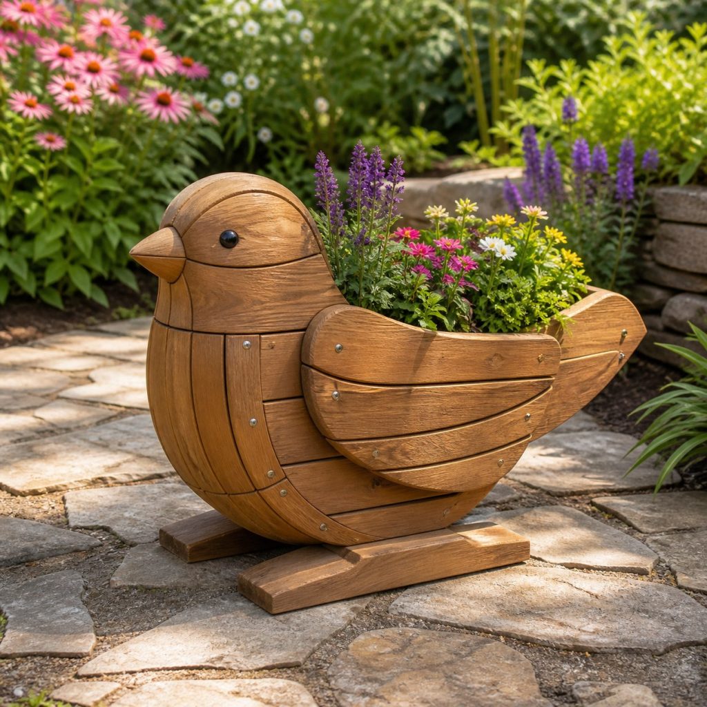 Slatted Herb-Trough Sparrow shown as a square photorealistic cedar sparrow-shaped garden planter filled with flowers