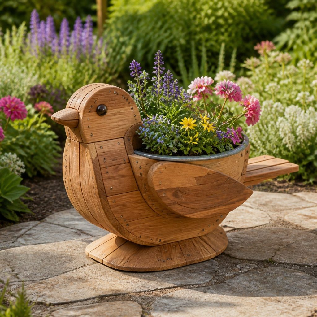 Sparrow with Galvanized Liner shown as a square photorealistic cedar sparrow-shaped garden planter filled with flowers