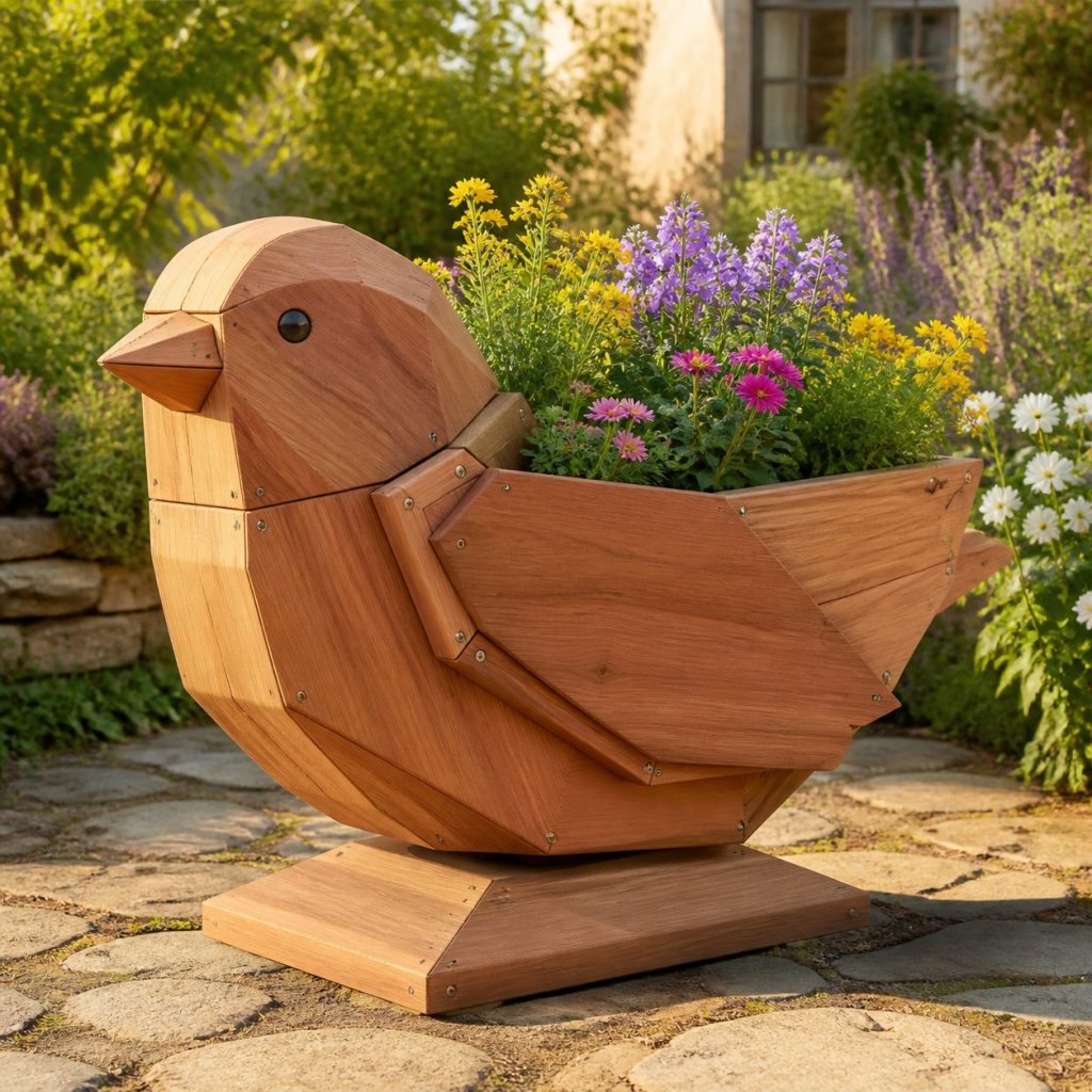 Modern Geometric Sparrow shown as a square photorealistic cedar sparrow-shaped garden planter filled with flowers