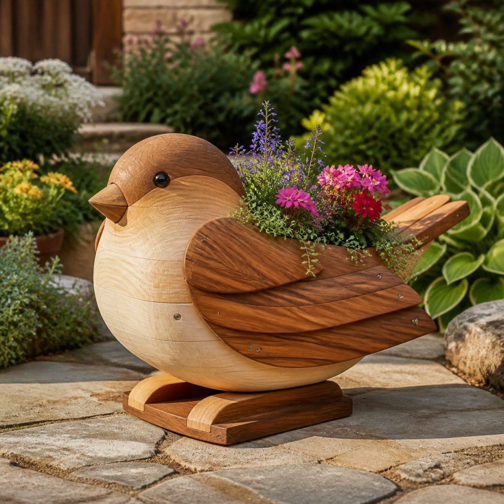 Two-Tone Cedar Sparrow shown as a square photorealistic cedar sparrow-shaped garden planter filled with flowers
