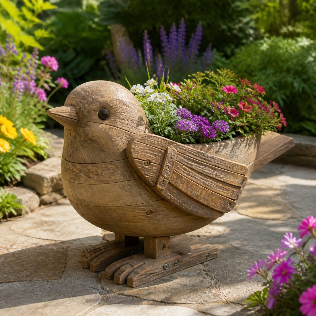 Weathered Cottage Sparrow shown as a square photorealistic cedar sparrow-shaped garden planter filled with flowers