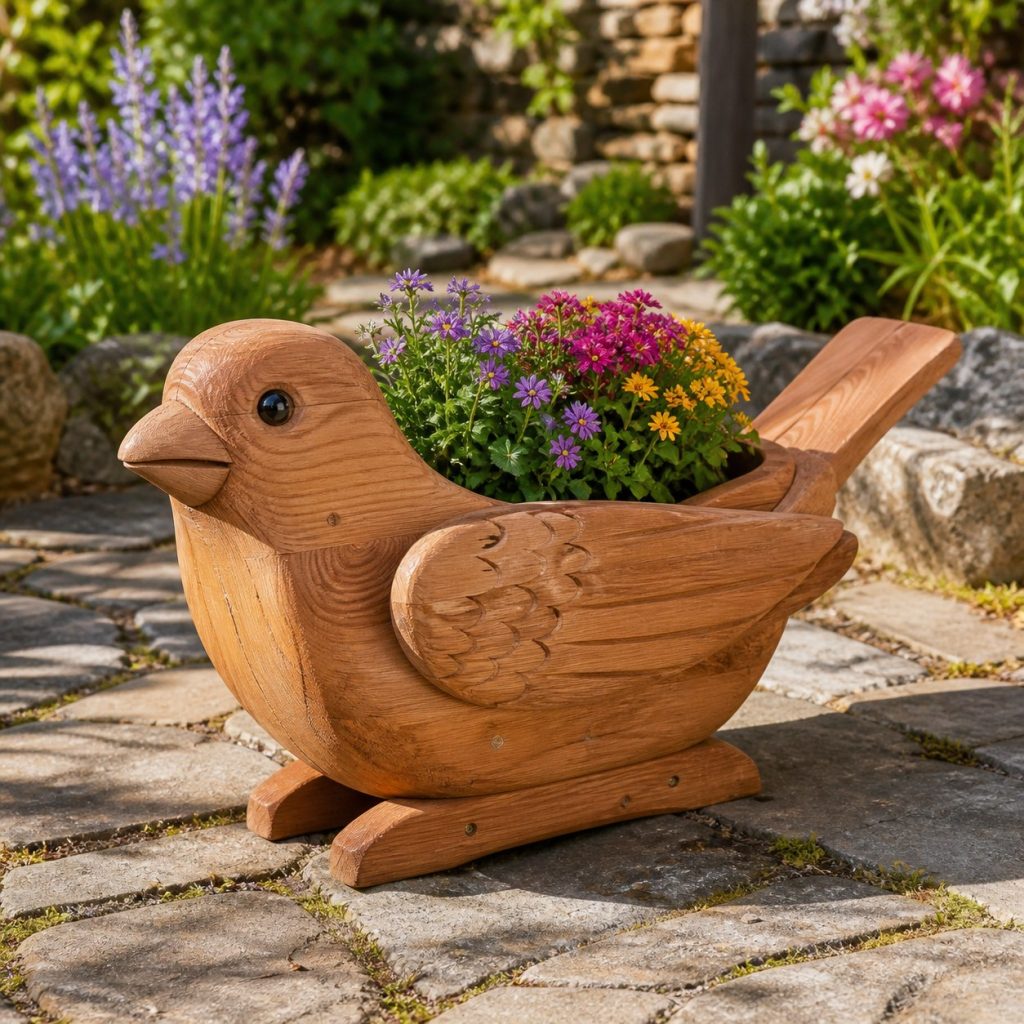 Sparrow with Twin Flower Pots shown as a square photorealistic cedar sparrow-shaped garden planter filled with flowers