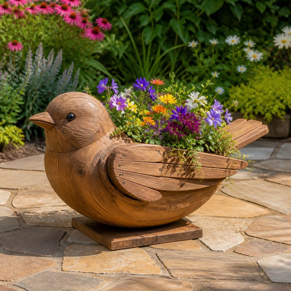 Trailing-Flower Sparrow shown as a square photorealistic cedar sparrow-shaped garden planter filled with flowers